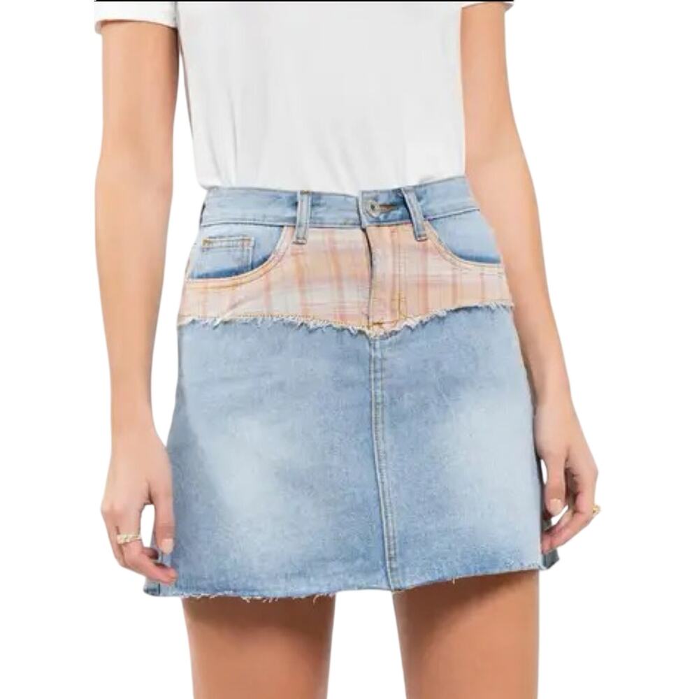 POL Womens M Pink Blue Plaid Denim Distressed Mini Skirt NEW Boho Chic Casual